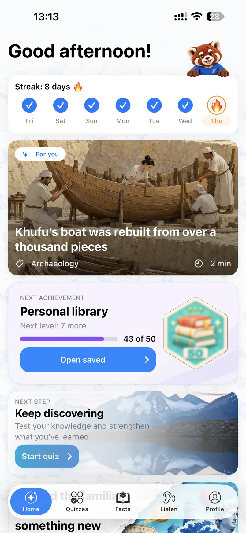 BeSmart’s home screen with an eight-day learning streak, a daily fact and the next achievement