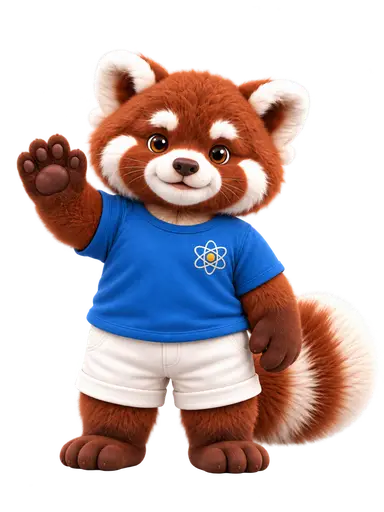 BeSmart’s red panda mascot waving, wearing a blue shirt with an atom and white shorts