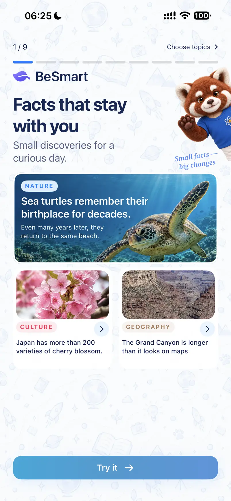 BeSmart running on iPhone: a red panda introduces illustrated facts about nature, culture and geography